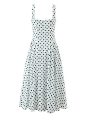 White Polka Dot V-Neck A-Line Midi Dress