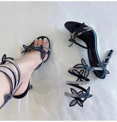 Crystal Embellished Butterfly Detail  Coiled Strap High Heels Gladiator Sandals