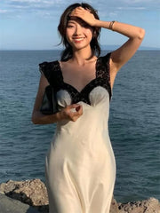 Patchwork Satin Lace Maxi Dress – Elegant V-Neck Evening Gown