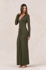 Sequin V-neck Ruched Detail Long Sleeve Maxi Dress