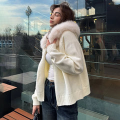 Hooded Faux Fur Trim Knit Jacket