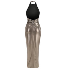 Black halter top and metallic silver skirt on a white background