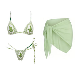 Print Embellished Bikini and Wrap Skirt Set