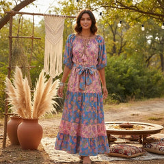Boho floral print maxi dress on a model outdoors