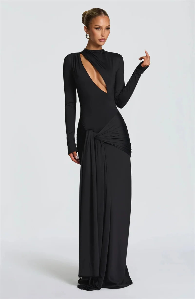 Black evening gown with a plunging neckline