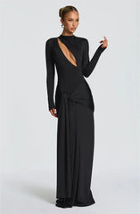 Black evening gown with a plunging neckline
