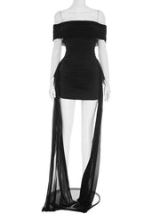 Black off-shoulder dress with sheer overlay on a mannequin against a white background