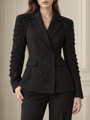 Black double-breasted blazer with pearl beaded shoulder embellishments