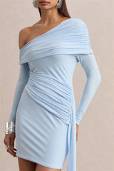 Diagonal Collar Ruched Draped Mini Dress