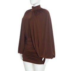Ruched Shawl Sleeves Turtleneck Mini Dress