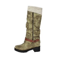 Knit Cuff Faux Leather Buckle Riding Boots
