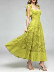 Green floral lace midi dress with tie shoulder straps and sweetheart neckline