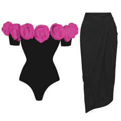 Off-the-shoulder rose embellished bodysuit and twist front skirt set in black with pink roses