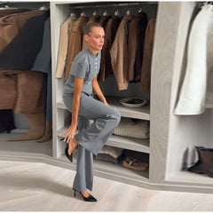 Short Sleeve Pinstripe Fitted Blazer and Wide Leg Pants Two-Piece Set