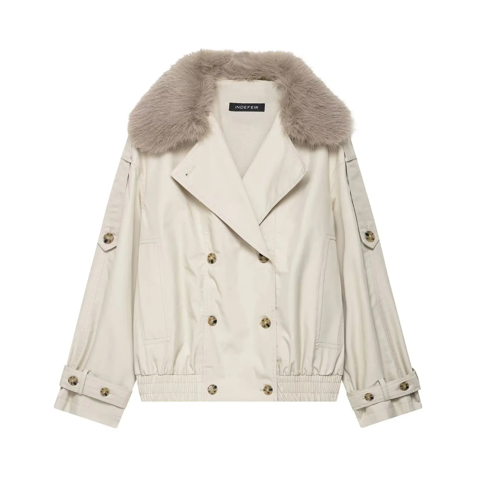 Beige jacket with fur collar on a white background