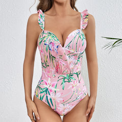 Ruffle trim floral print one piece swimsuit front view