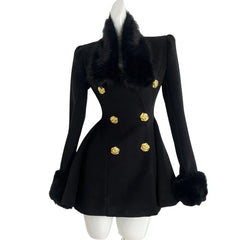 Fur Collar Black Woollen Coat Double Breasted Buckle Dress