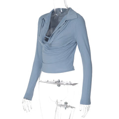 Cowl Neck Collar Long Sleeve Cropped Shirt