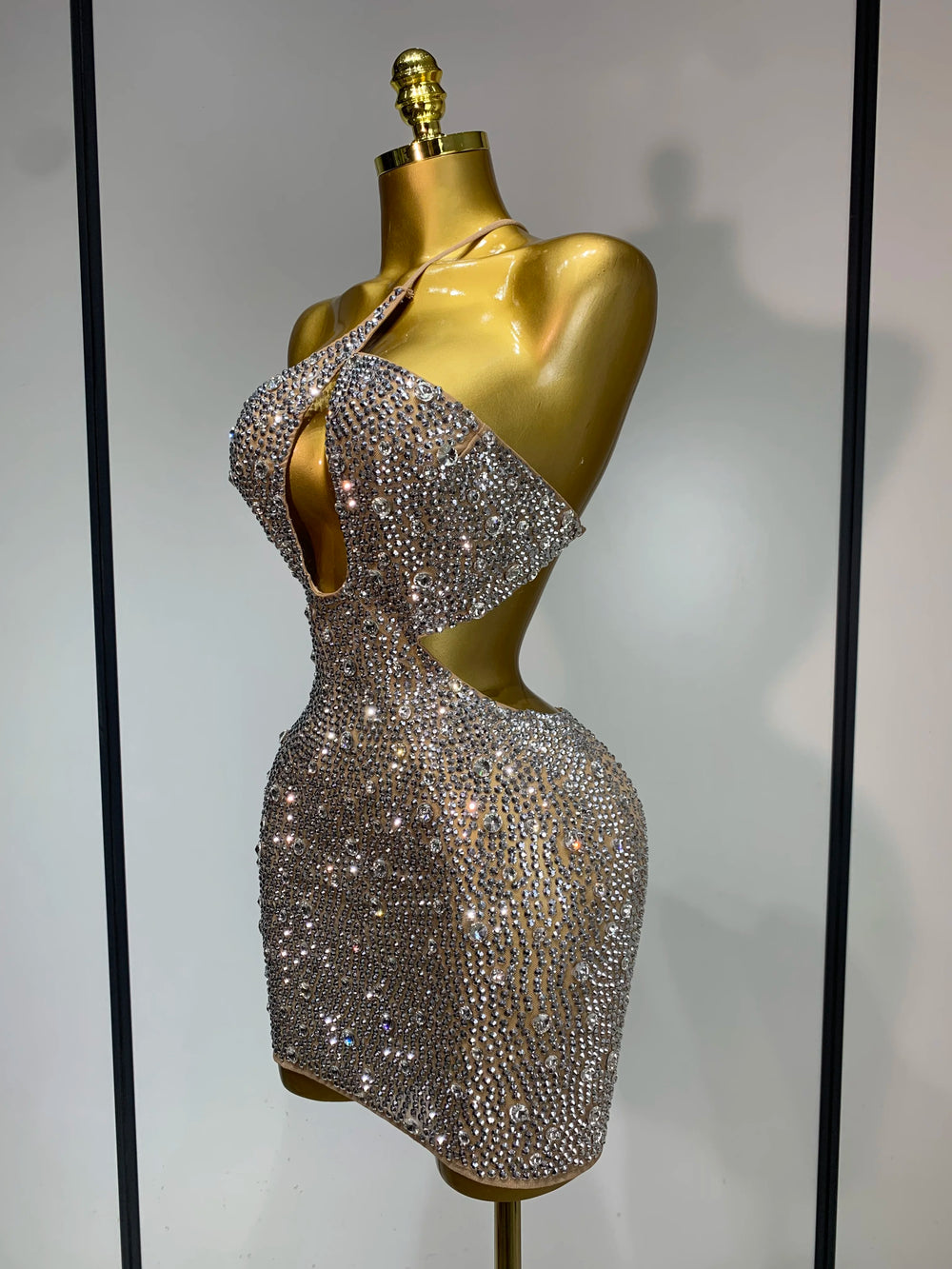 Diagonal collar cut-out crystal mesh mini dress side view