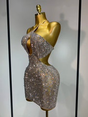 Diagonal collar cut-out crystal mesh mini dress side view