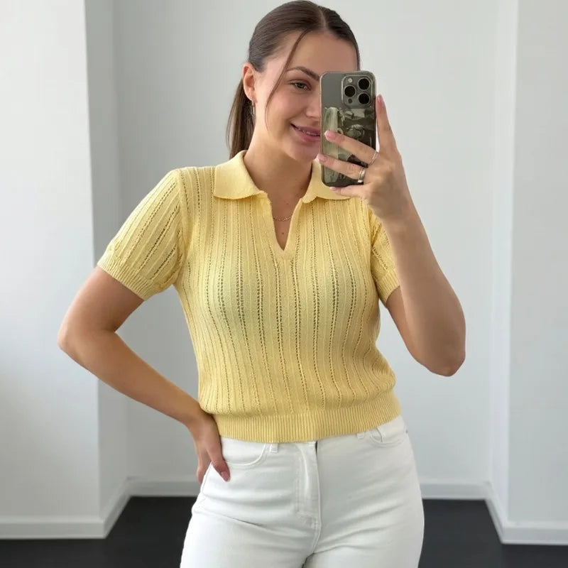 Knitted collared short sleeve v-neck textured pullover top