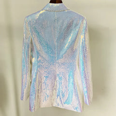 Iridescent sequin jacket on a mannequin against a neutral background