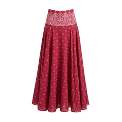 Red bandana print bikini and maxi skirt laid out together