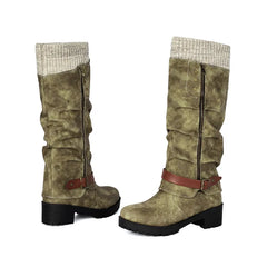 Knit Cuff Faux Leather Buckle Riding Boots