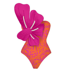 One-Piece Swimsuit With Pearl Embellishment and Matching Wrap Skirt