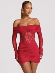 Off-shoulder Lace See Through Long Sleeve Ruched Mini Dress