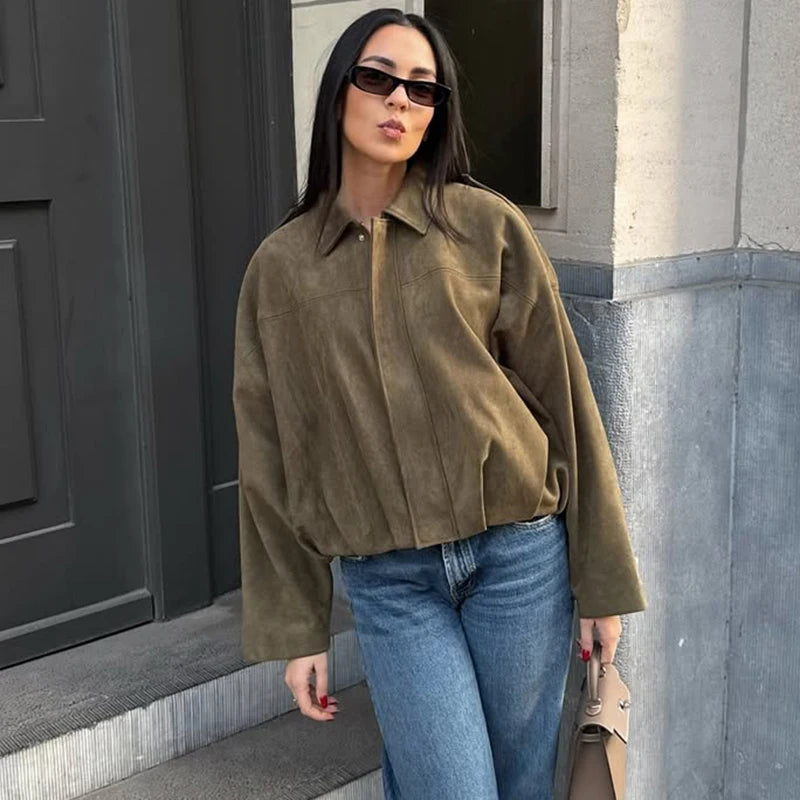 Faux suede cropped bomber jacket