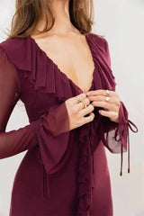 Ruffled Mesh Sleeve V-Neck Maxi Dress