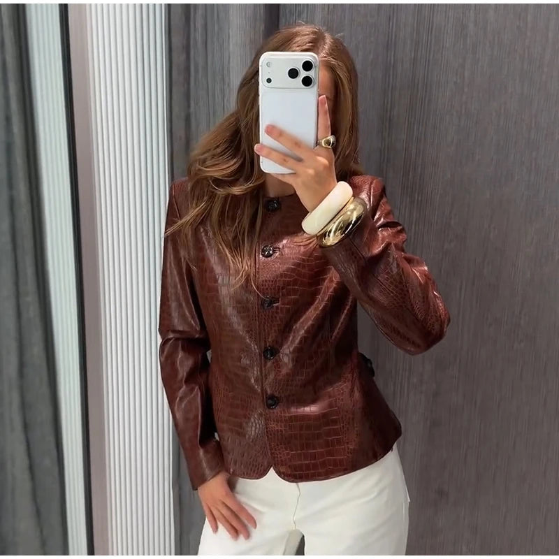 Brown croc embossed faux leather jacket, styled