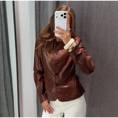 Brown croc embossed faux leather jacket, styled