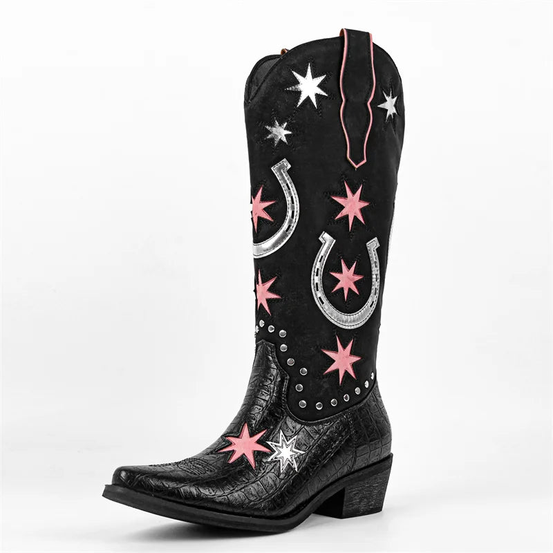 Black cowboy boot with pink stars and silver horseshoes on a white background