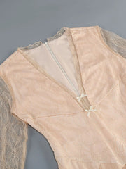 Apricot Lace Ruffle V-Neck Long Sleeve Maxi Dress