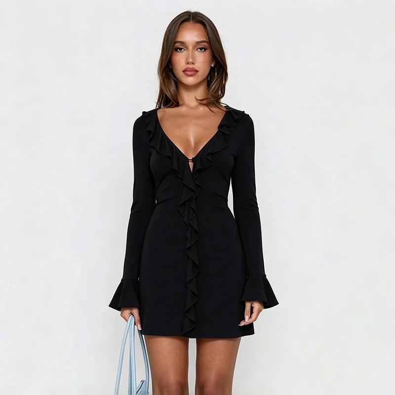 Black long sleeve ruffle V-neck mini dress front detail