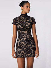 Black lace turtleneck mini dress
