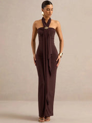 Draped halter maxi dress with metal buckle accent