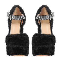 Faux fur platform sandals with embellished ankle strap