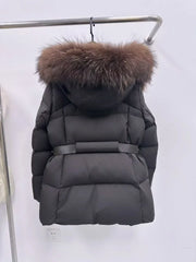 Dark gray puffer jacket with fur hood on a white background