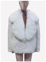 White fluffy shawl collar jacket on mannequin