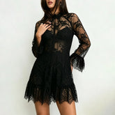 Black lace mini dress with high neck and flare sleeves