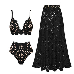 Black scalloped edge eyelet bikini top and maxi skirt set