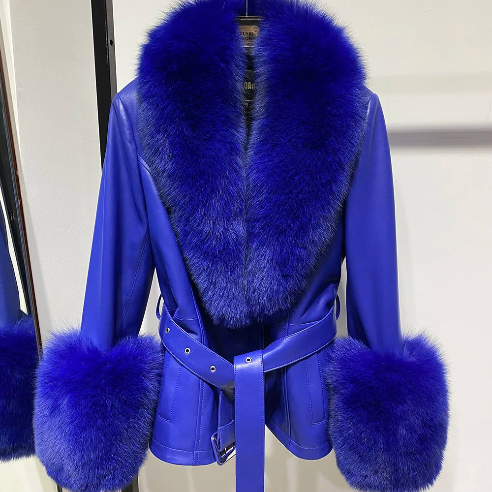 Blue coat with fur collar and cuffs