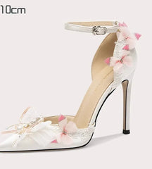 White Bow Pearl Stiletto Heels | Silk Butterfly-Knot Party Sandals