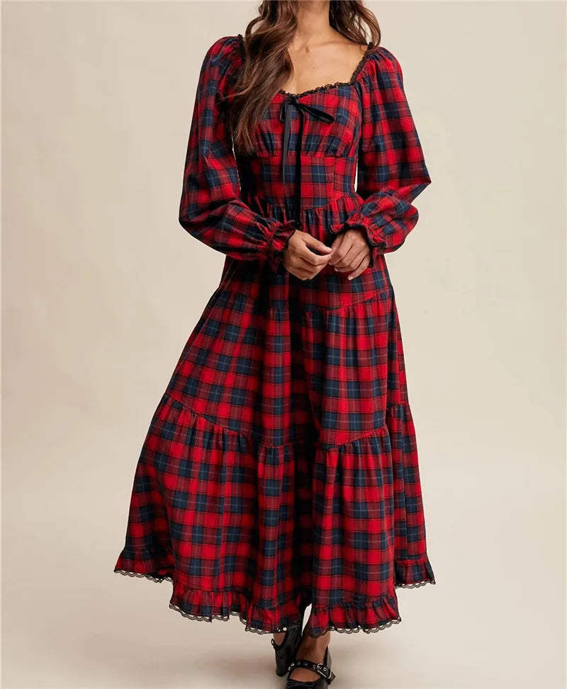Red plaid square neck maxi dress front view