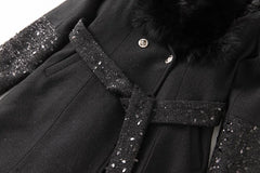 Black Faux Fur Collar Sequin Wool Blend Coat