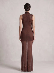 Brown Crystal Embellished Mock Neck Maxi Dress