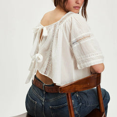 Lace Trim Square Neck Bow Back Crop Top